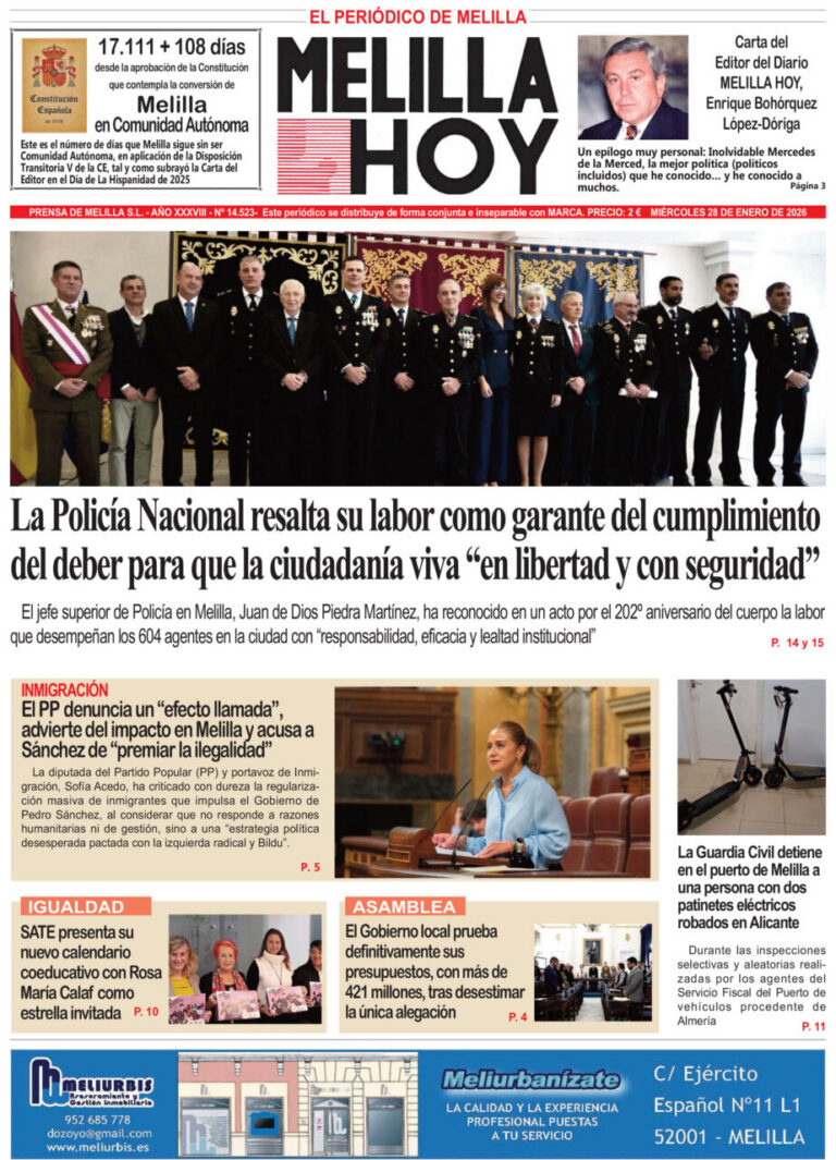 Portada del periódico Melilla Hoy del 28 de enero de 2026