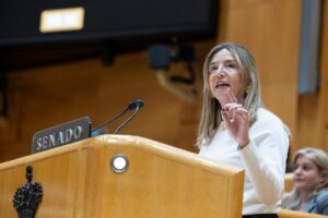 La portavoz del PP en el Senado, Alicia García, durante una rueda de prensa.