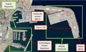 Vista aérea del puerto de Melilla con áreas señaladas