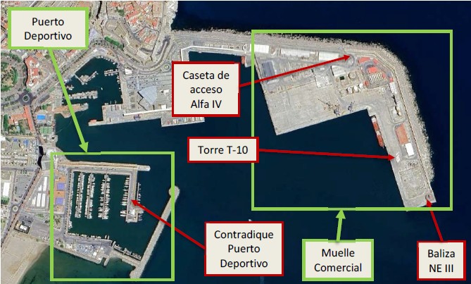 Vista aérea del puerto de Melilla con áreas señaladas
