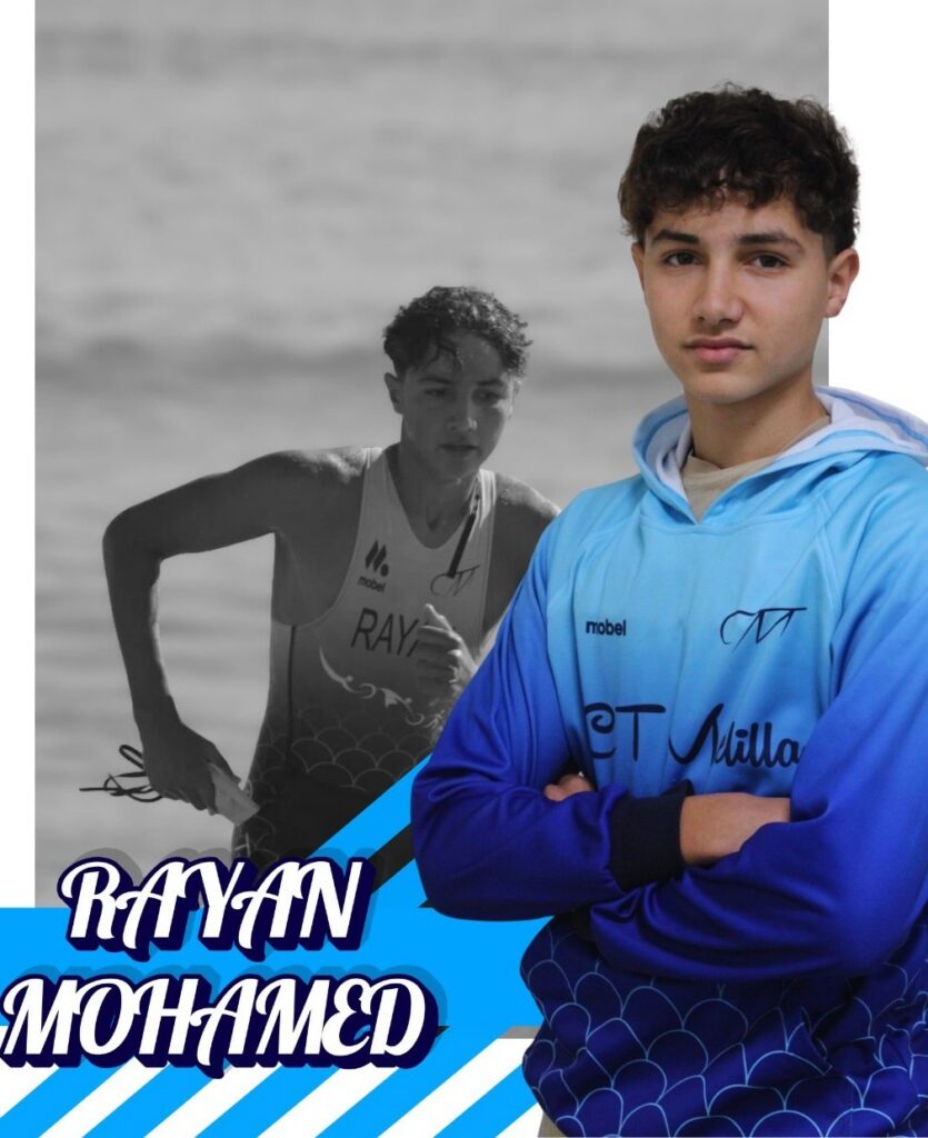 Rayan Mohamed, joven triatleta del Club Triatlón Melilla en acción y posando.