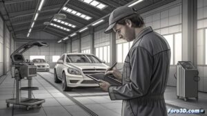 Mecánico revisando un coche moderno en un taller