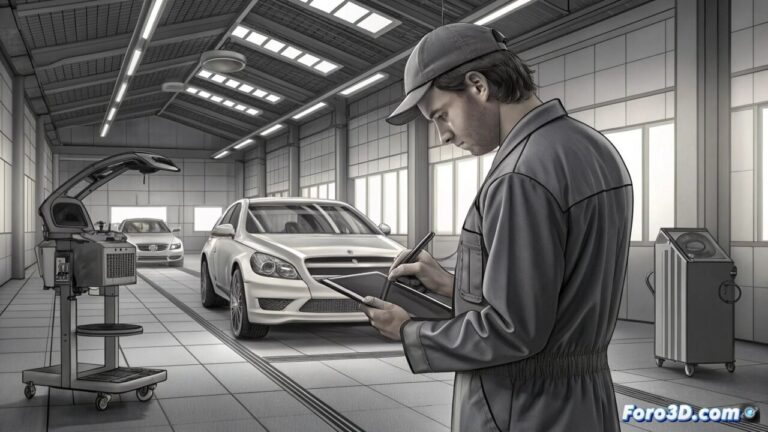 Mecánico revisando un coche moderno en un taller