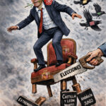 Ilustración sobre política española con un hombre en una silla y aves volando.