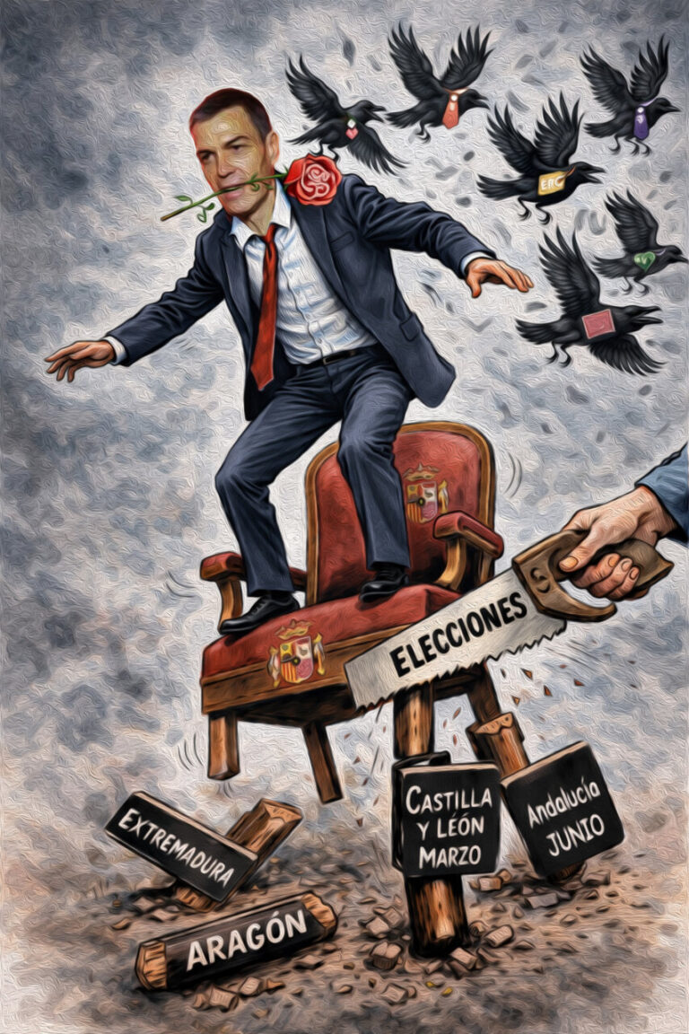 Ilustración sobre política española con un hombre en una silla y aves volando.