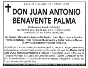 Esquela de Don Juan Antonio Benavente Palma, Policía Nacional jubilado.