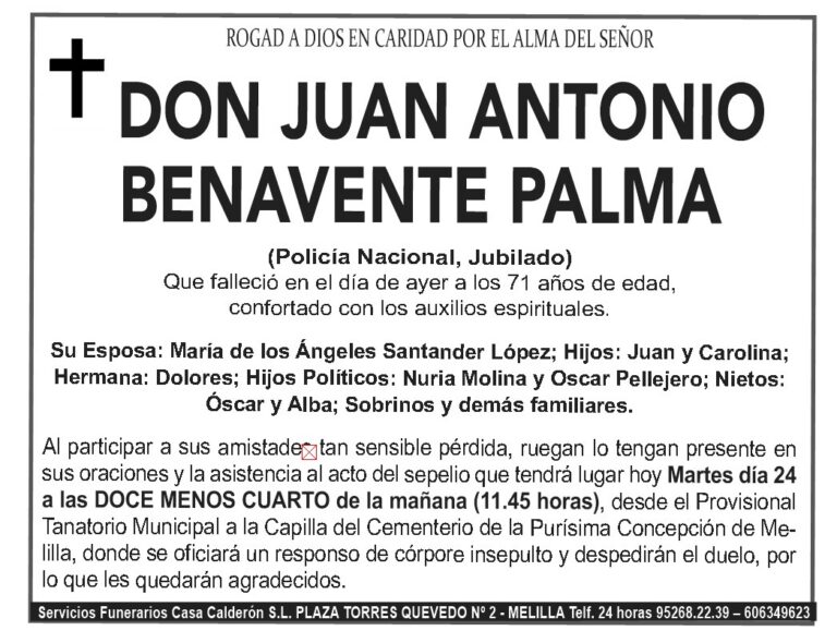 Esquela de Don Juan Antonio Benavente Palma, Policía Nacional jubilado.
