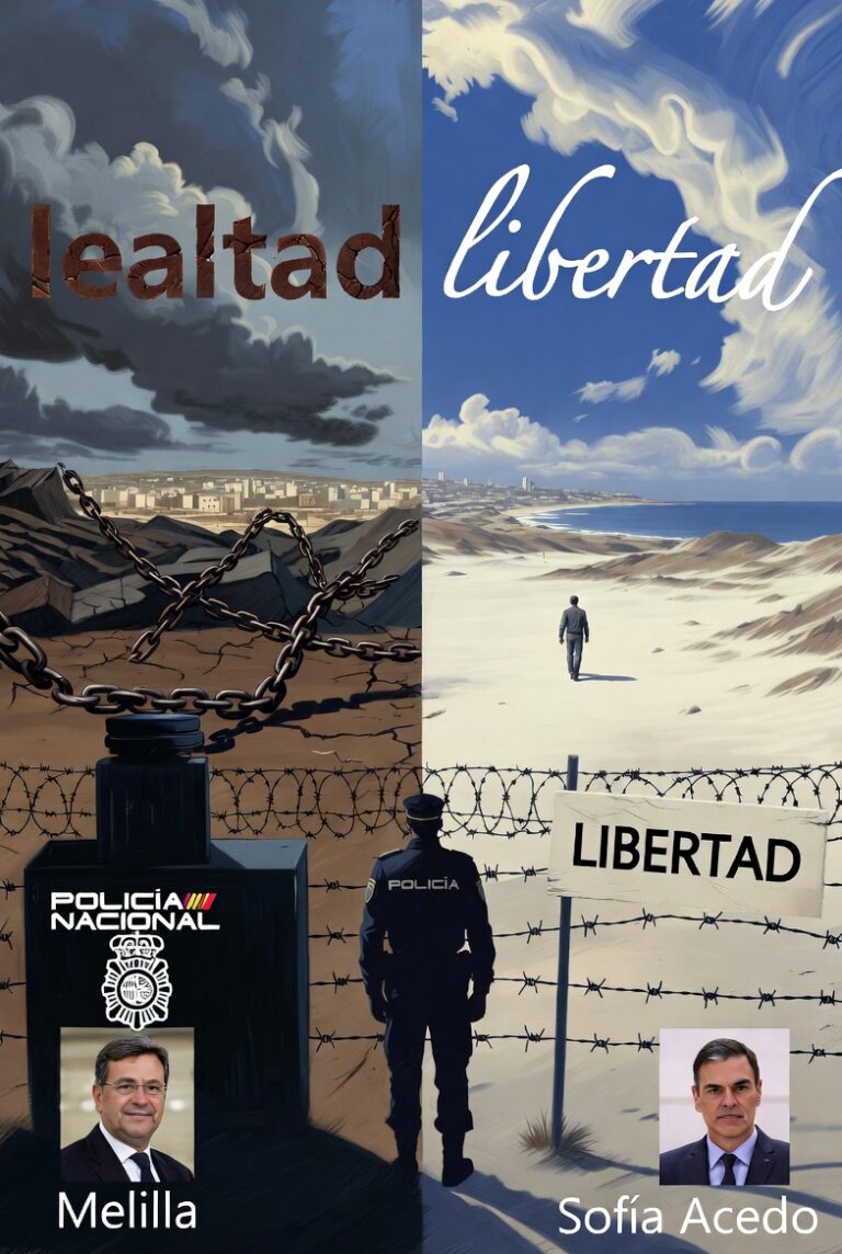 Ilustración sobre lealtad y libertad en Melilla con figuras y paisajes contrastantes.