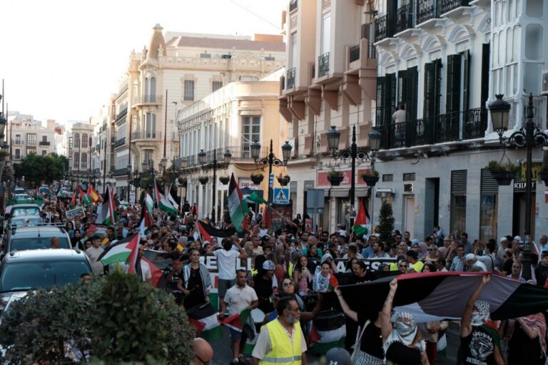 Multitudinaria manifestación en apoyo al pueblo palestino con banderas
