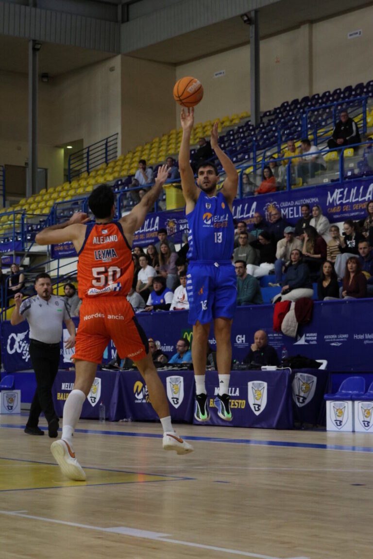Jugador del Club Melilla Baloncesto lanzando a canasta en un partido