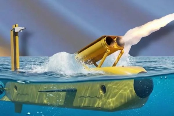 Minisubmarino Lamprey lanzando un torpedo desde el agua