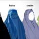 Ilustración de diferentes prendas que cubren el rostro como burka y niqab.