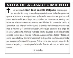 Nota de agradecimiento de la familia de Don José Castillo Delgado