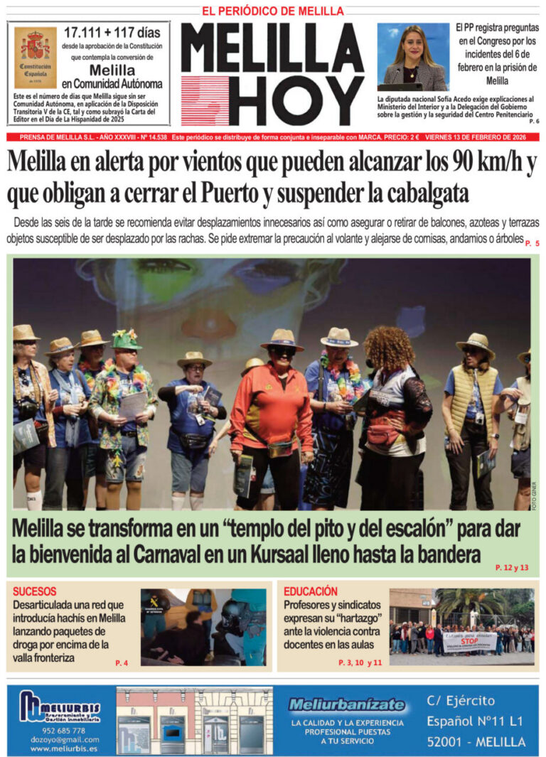 Portada del periódico Melilla Hoy del 13 de febrero de 2026