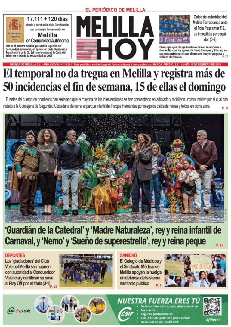 Portada del periódico Melilla HOY del 16 de febrero de 2026