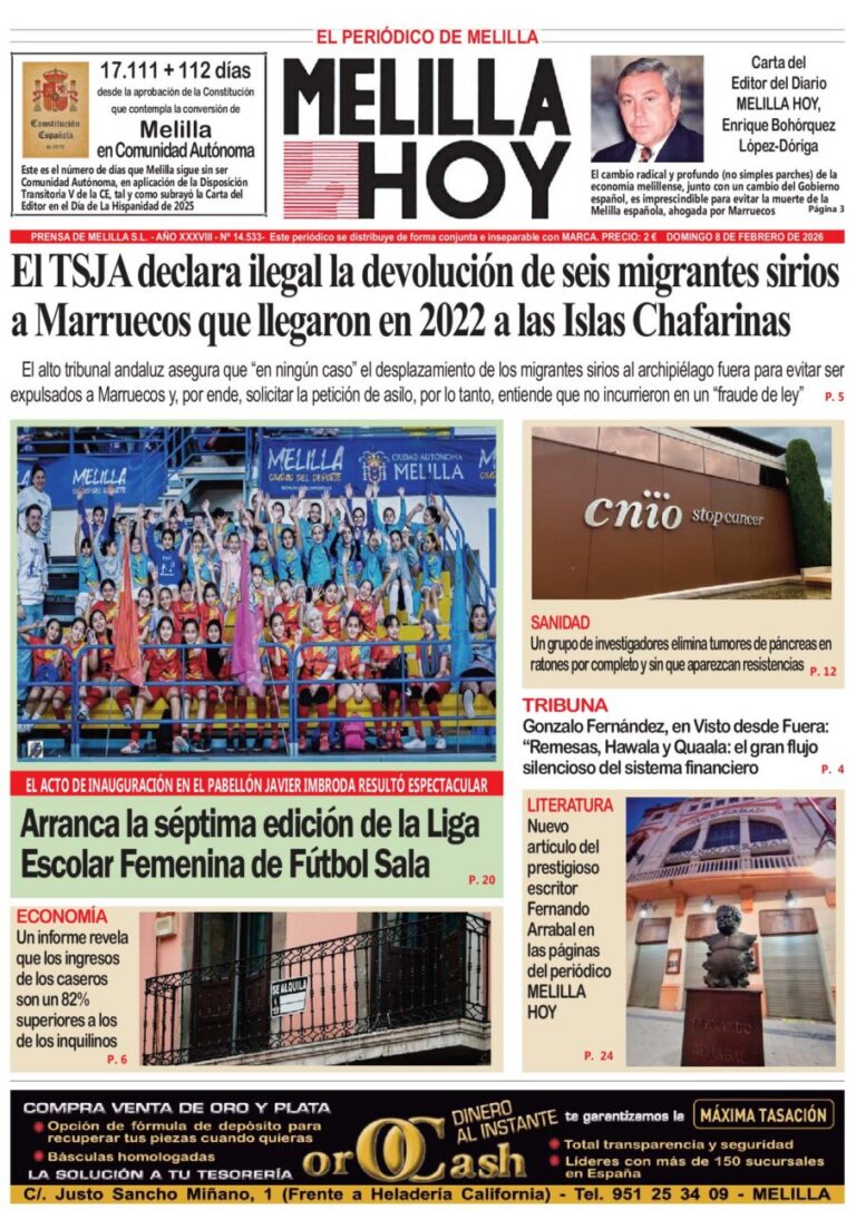Portada del periódico Melilla Hoy del 8 de febrero de 2026