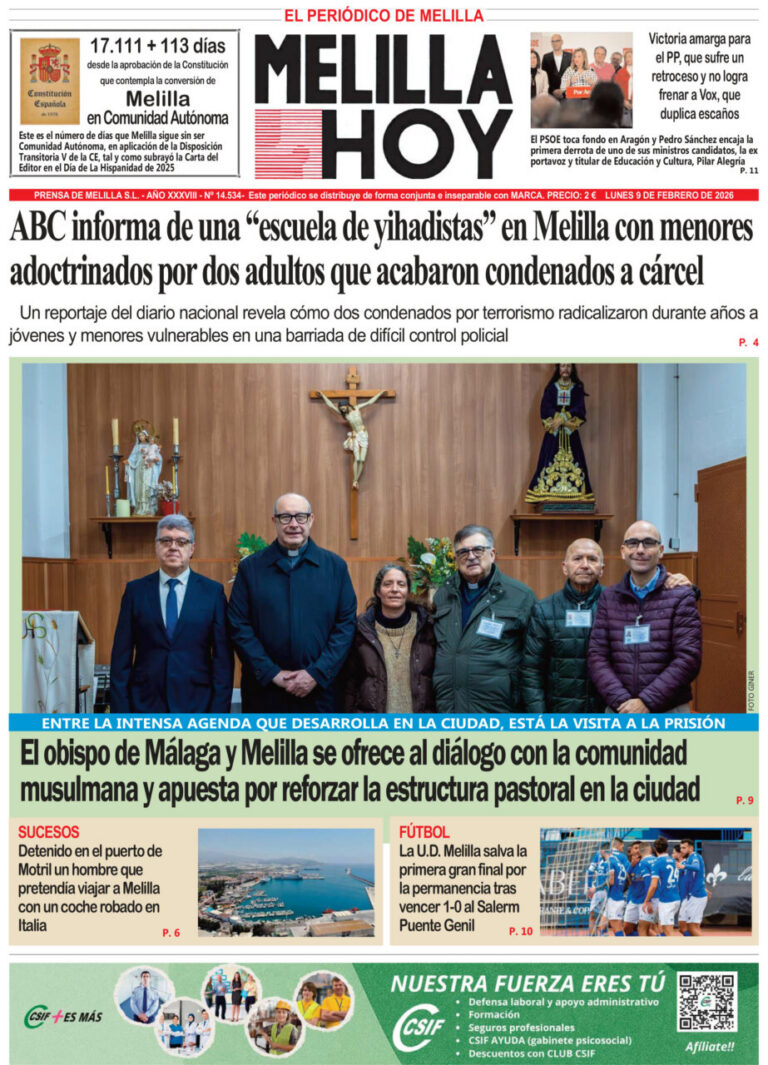 Portada del periódico Melilla Hoy del 9 de febrero de 2026
