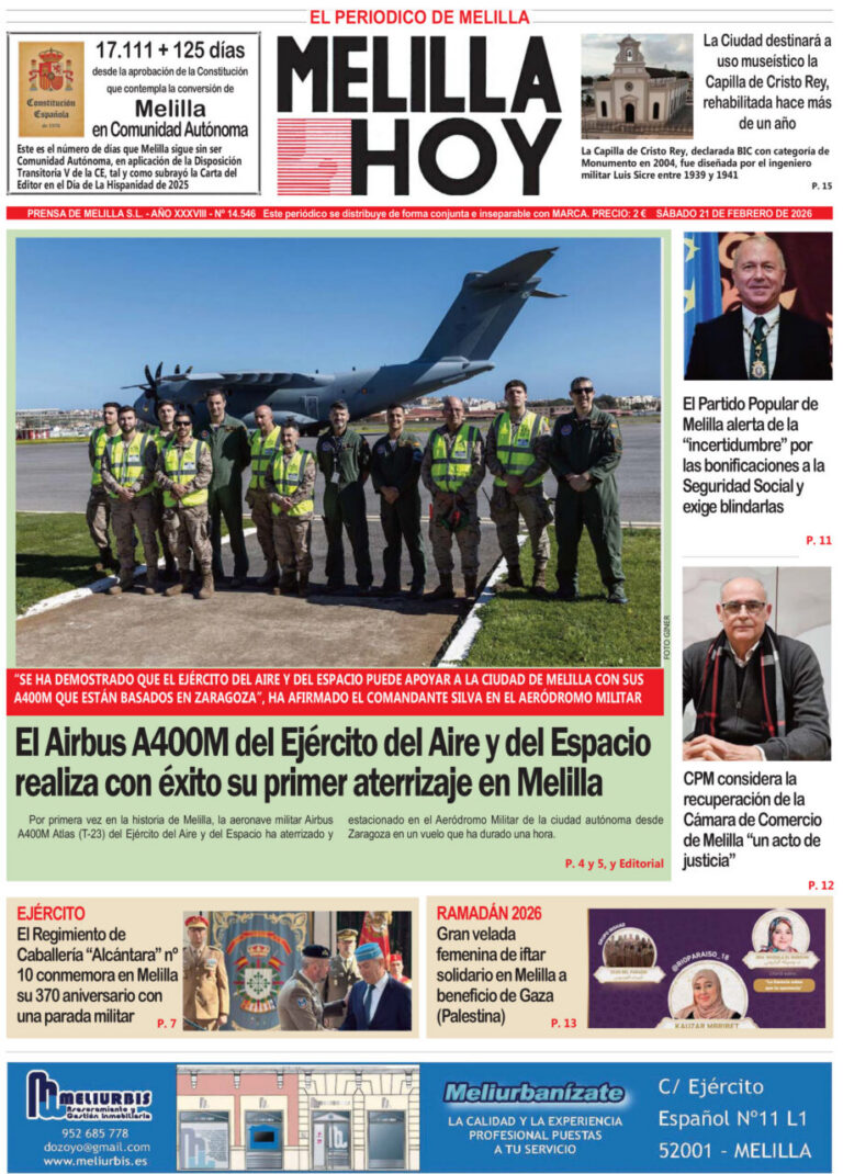 Portada del periódico Melilla Hoy del 21 de febrero de 2026