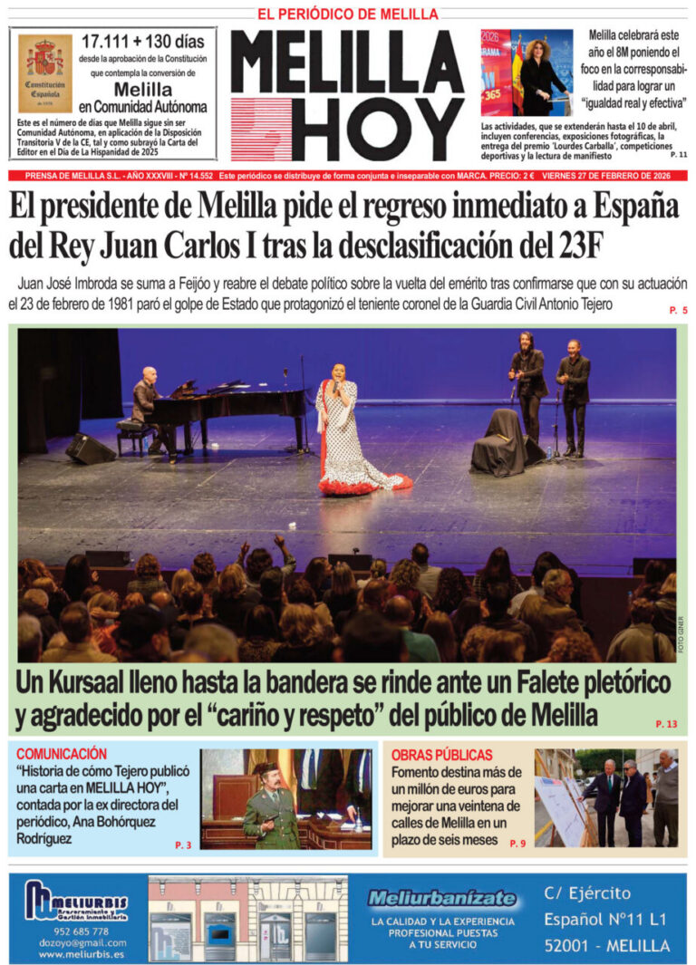 Portada del periódico Melilla Hoy del 27 de febrero de 2026
