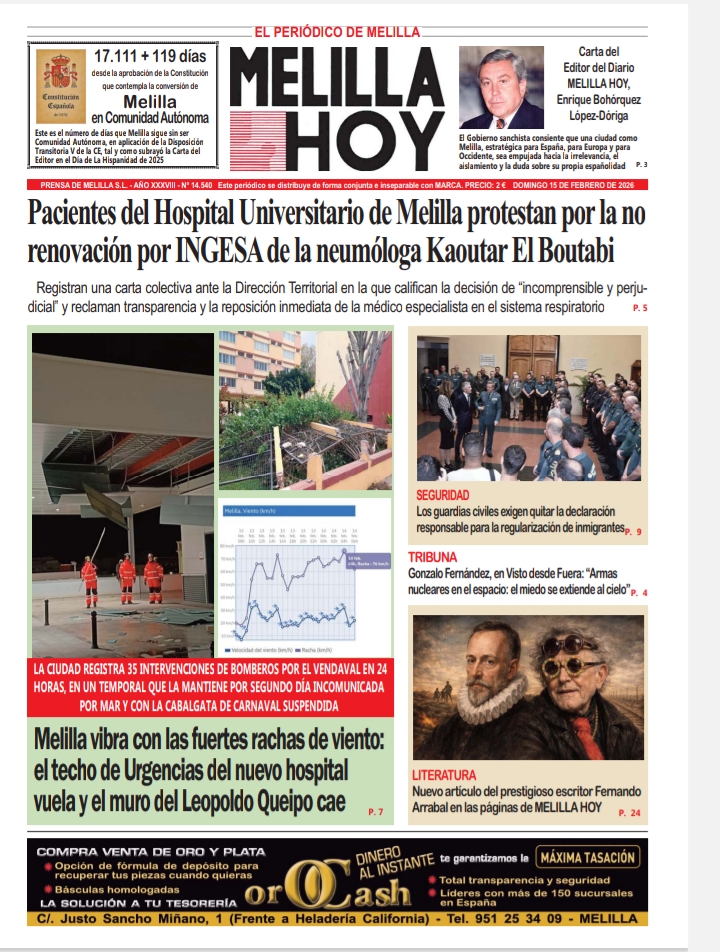 Portada del periódico Melilla Hoy del 15 de febrero de 2026