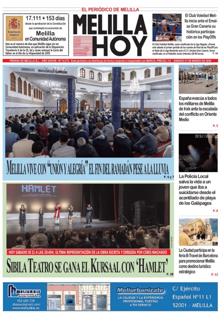 Portada del periódico Melilla Hoy del 21 de marzo de 2026