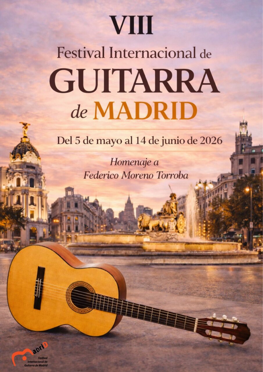 Cartel del Festival Internacional de Guitarra de Madrid 2026 con una guitarra y monumentos de fondo.