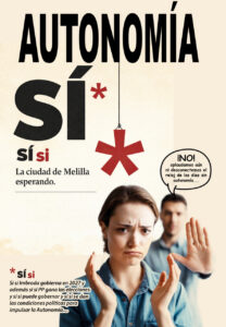 Cartel sobre la autonomía de Melilla con personas expresando emociones.