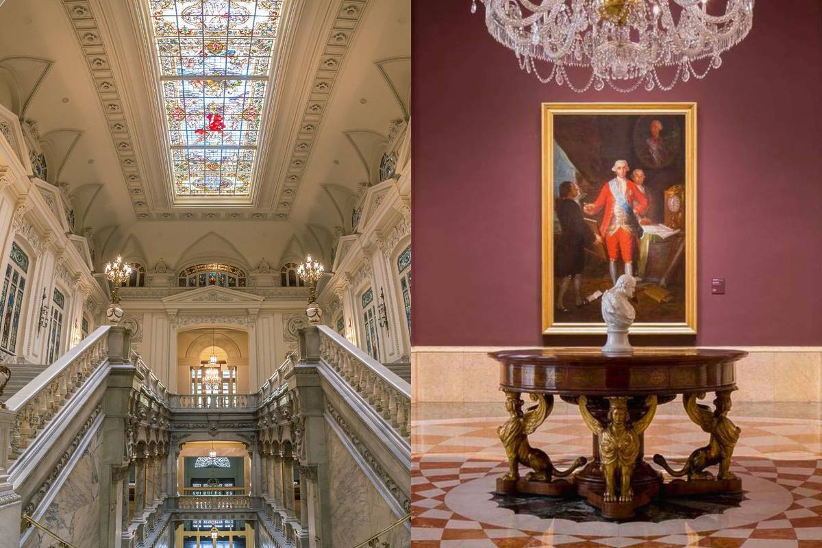 Interior del Banco de España con escaleras y vitral colorido