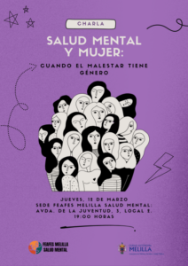 Cartel de charla sobre salud mental y género con ilustraciones de mujeres.