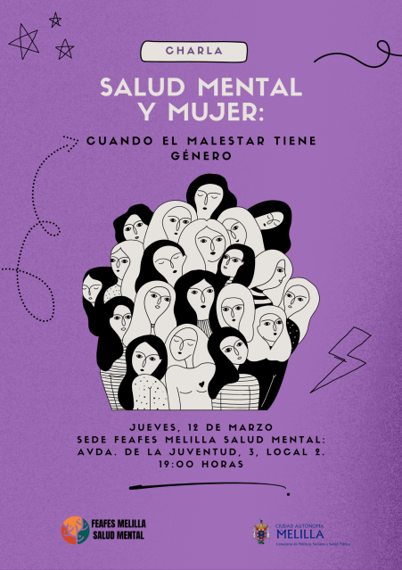 Cartel de charla sobre salud mental y género con ilustraciones de mujeres.