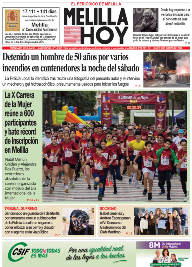 Portada del periódico Melilla Hoy del 9 de marzo de 2026