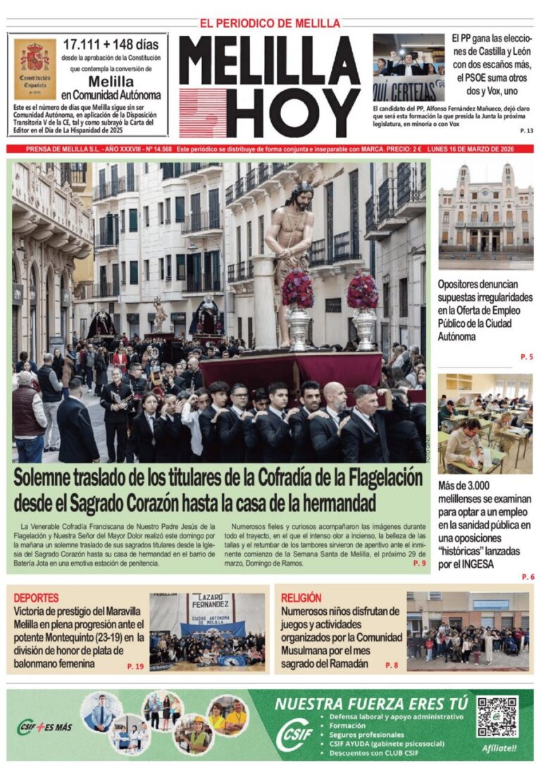 Portada del periódico Melilla Hoy del 16 de marzo de 2026