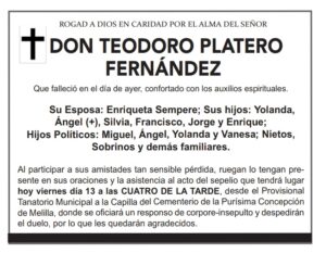 Esquela de Don Teodoro Platero Fernández con detalles sobre su fallecimiento