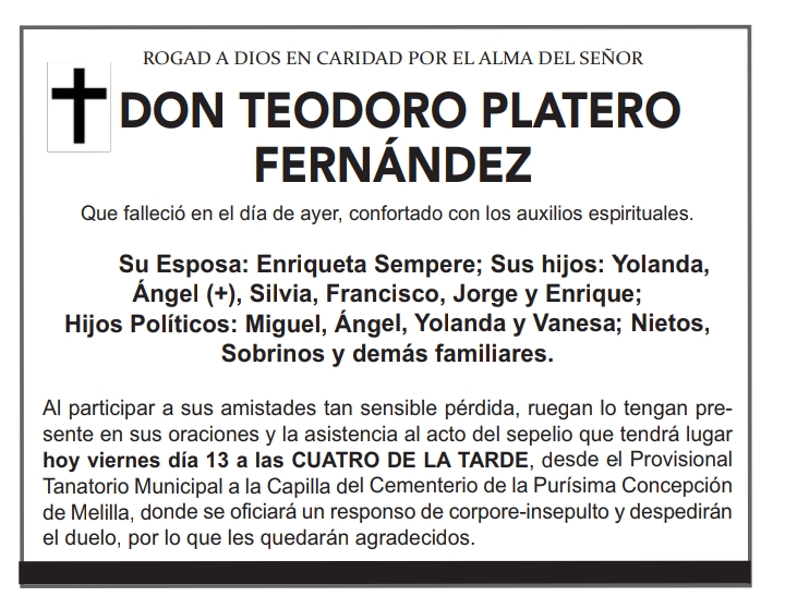 Esquela de Don Teodoro Platero Fernández con detalles sobre su fallecimiento