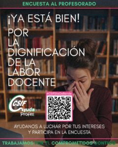 Mujer con expresión de frustración en biblioteca con texto sobre encuesta docente.