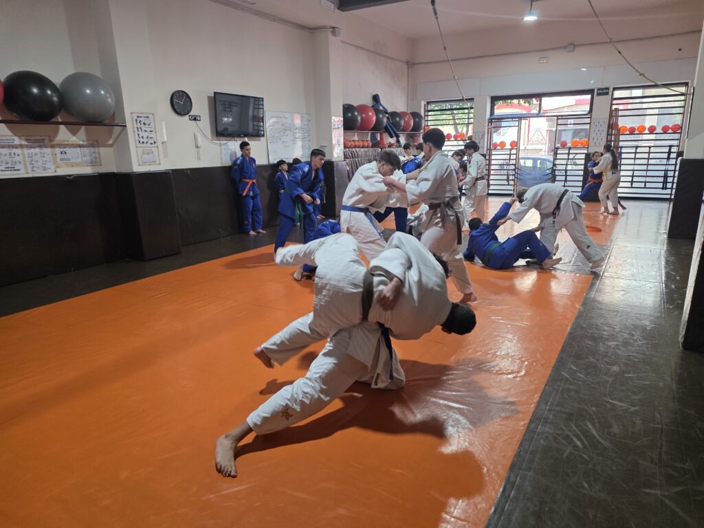 Entrenamiento de judo en la Escuela KogyJudo de Melilla con alumnos en acción.