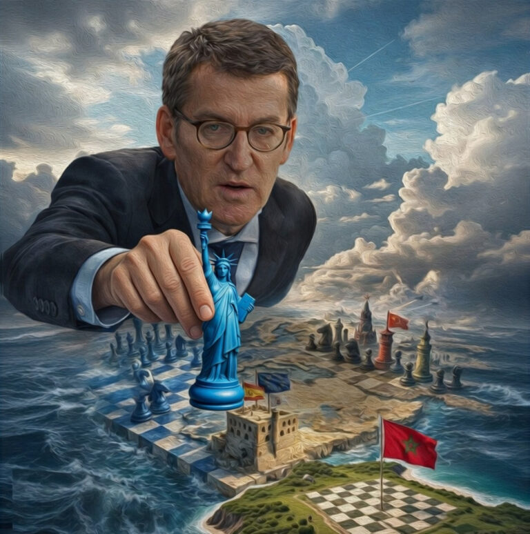 Ilustración de un hombre jugando ajedrez con símbolos geopolíticos