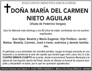 Esquela de Doña María del Carmen Nieto Aguilar con detalles sobre su fallecimiento