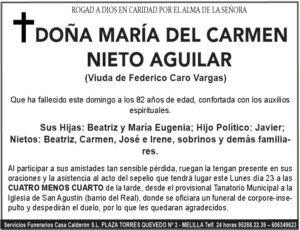Esquela de Doña María del Carmen Nieto Aguilar con detalles de su fallecimiento