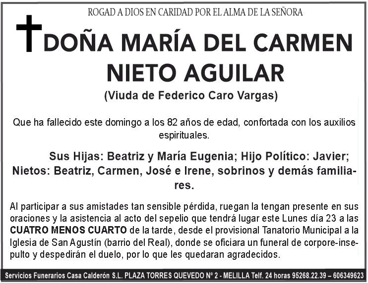 Esquela de Doña María del Carmen Nieto Aguilar con detalles de su fallecimiento