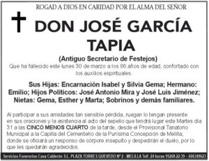 Esquela en memoria de Don José García Tapia, antiguo secretario de festejos.