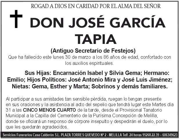 Esquela en memoria de Don José García Tapia, antiguo secretario de festejos.