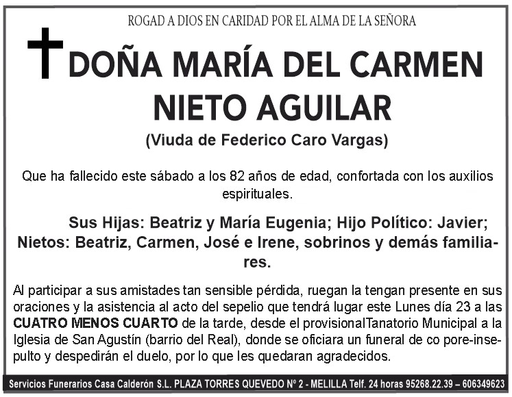 Esquela en memoria de Doña María del Carmen Nieto Aguilar