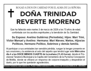 Esquela de Doña Trinidad Reverte Moreno con detalles del fallecimiento