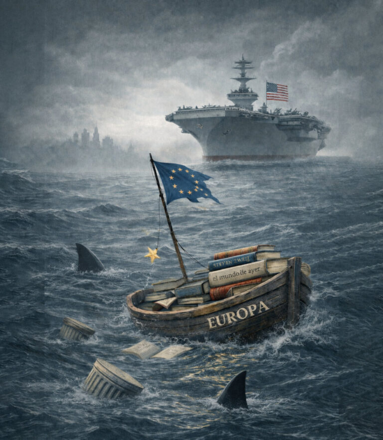 Barco con libros sobre Europa en un mar agitado