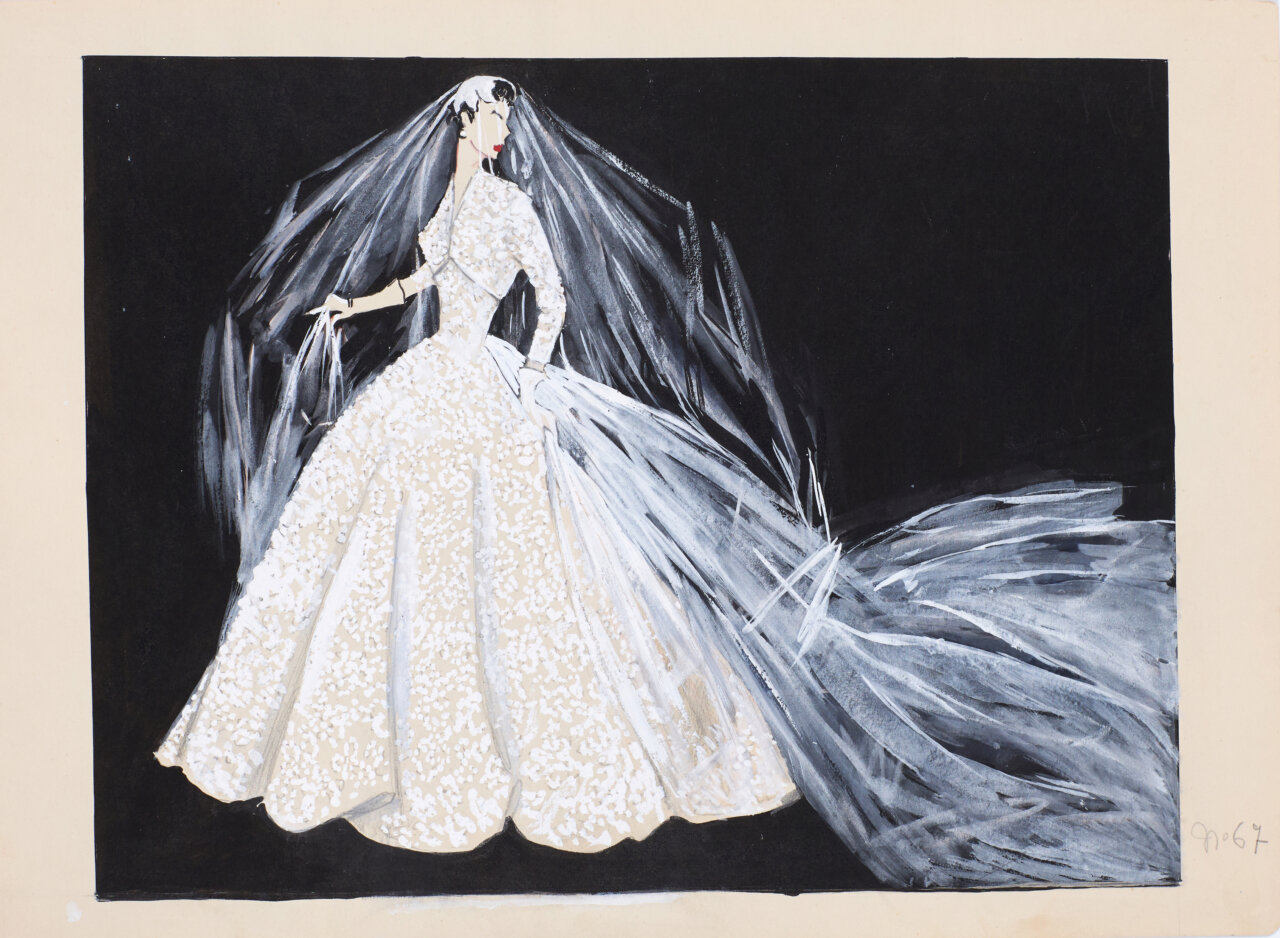 Boceto de un vestido de novia inspirado en la moda romántica