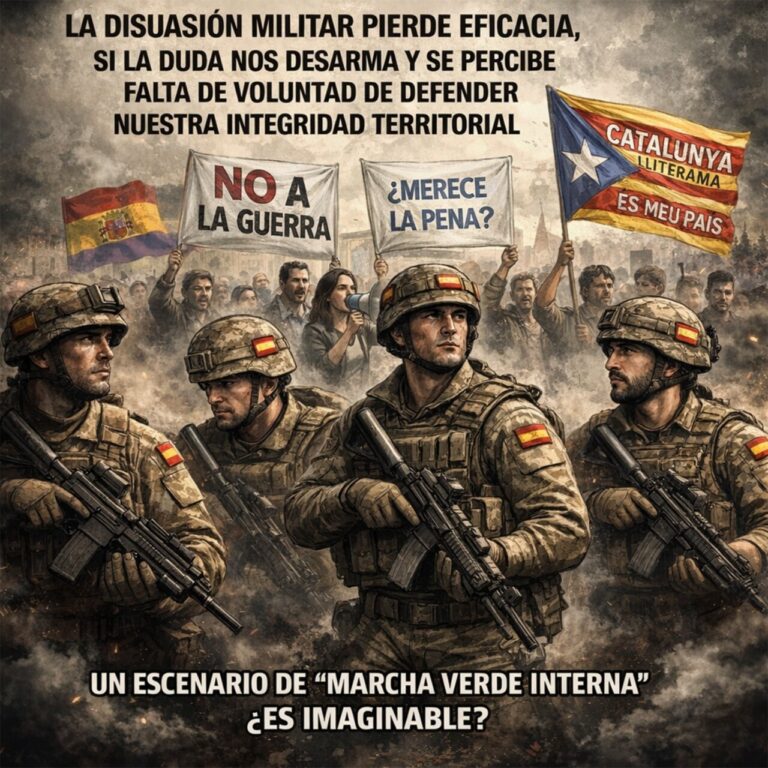 Ilustración sobre la defensa y sostenibilidad en Melilla con soldados y manifestantes.