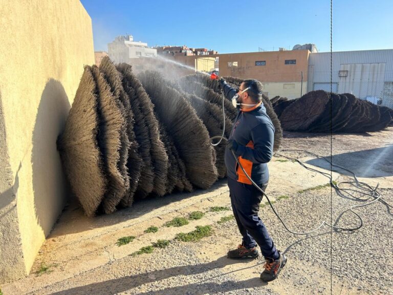 Trabajador fumigando sombrillas en un área de playa en Melilla