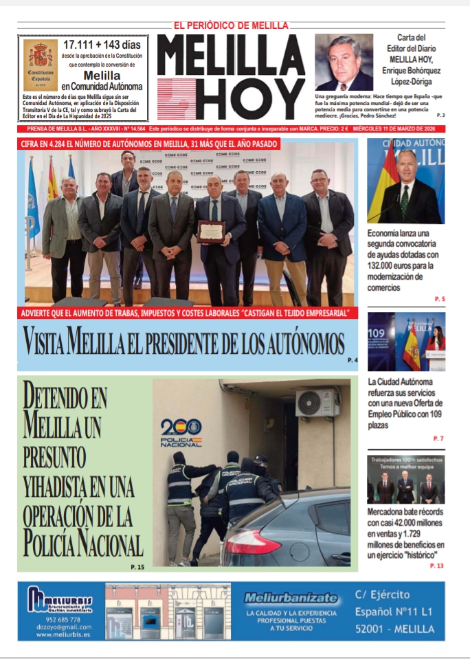 Portada del periódico Melilla Hoy con noticias locales y anuncios.