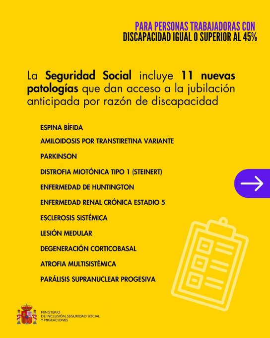 Infografía sobre nuevas patologías para jubilación anticipada por discapacidad.